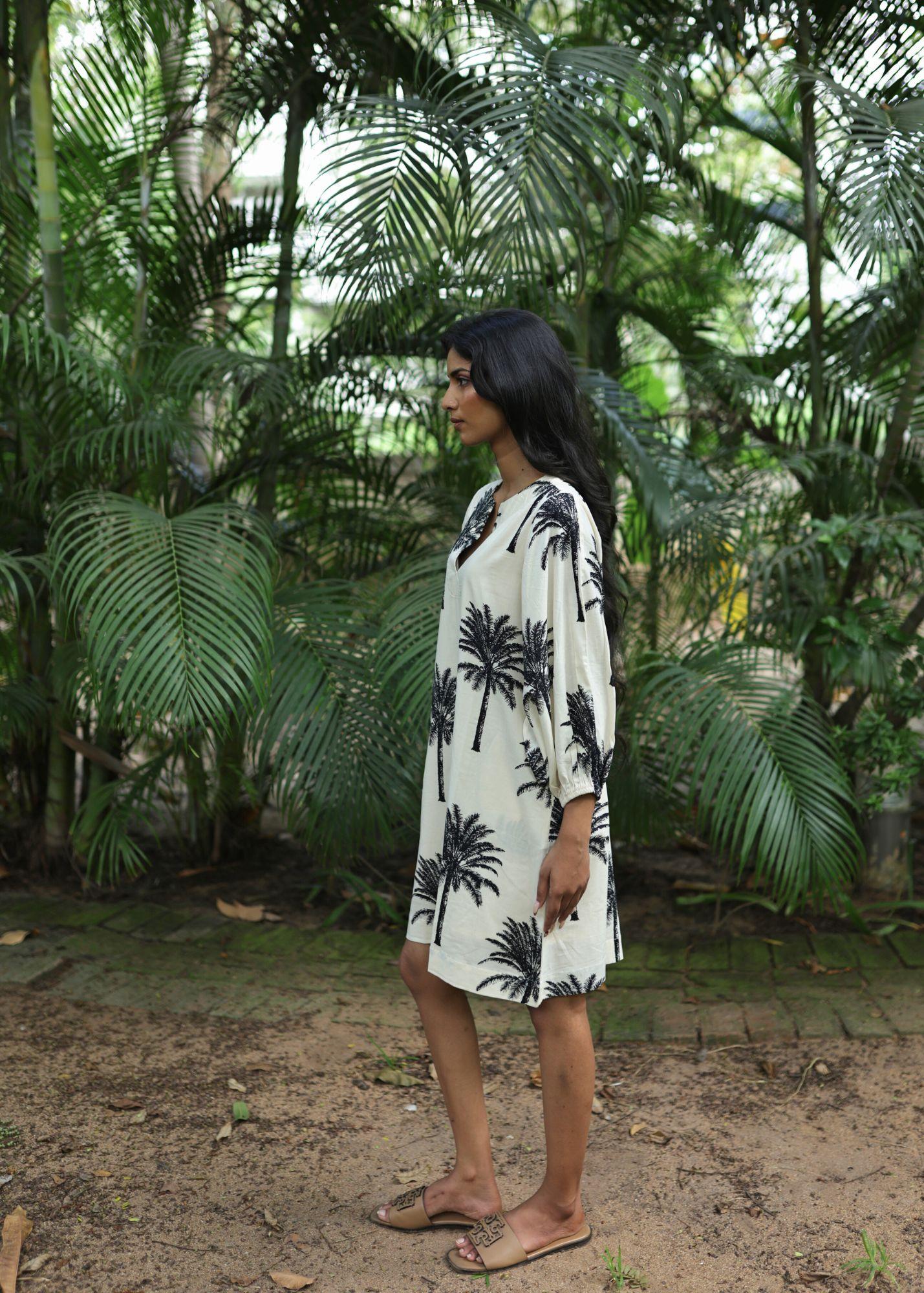 Balloon Sleeve Short Dress - White Palms