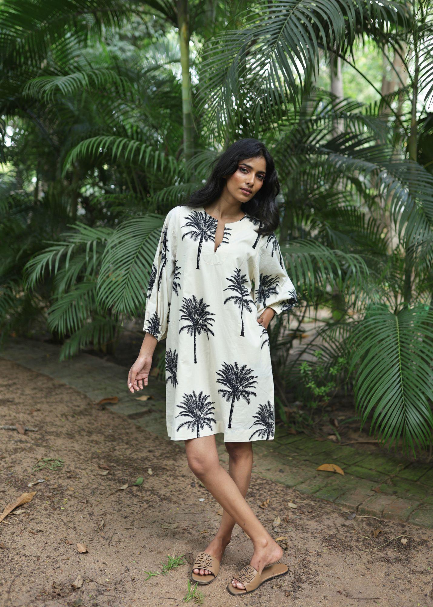 Balloon Sleeve Short Dress - White Palms