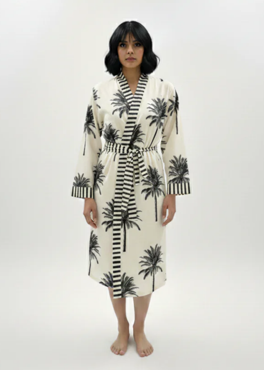 Belted Robe - White Palms
