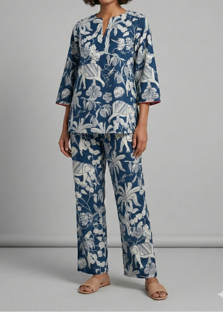 Blue toile de juoy tunic coord set in 100% cotton fabric. Luxuriously soft